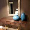 Pair of contemporary ceramic blue waffle vases for a NYC foyer..