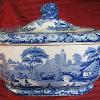 Large English blue and white pottery tureen in the Wild Rose pattern c.1830-1840.